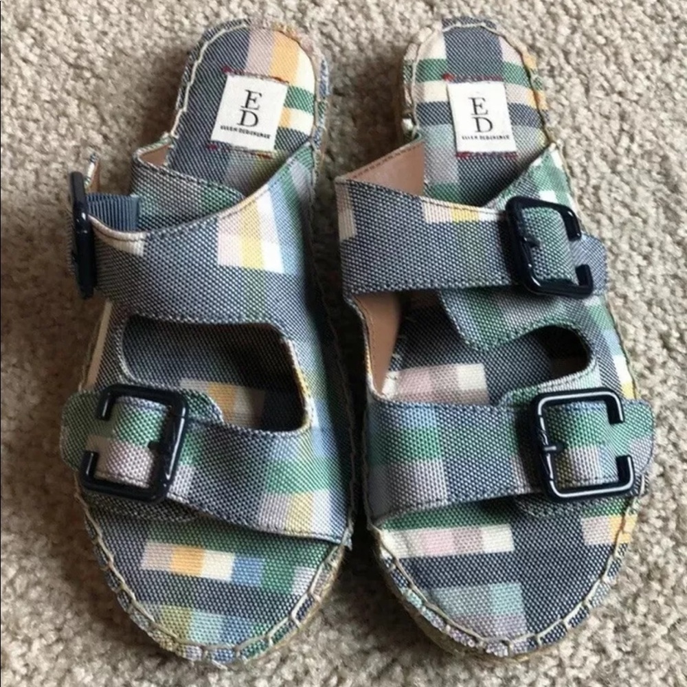 Ellen DeGeneres Sadie Slide green blue plaid buckle sandal size 6 espadrille - Picture 2 of 9